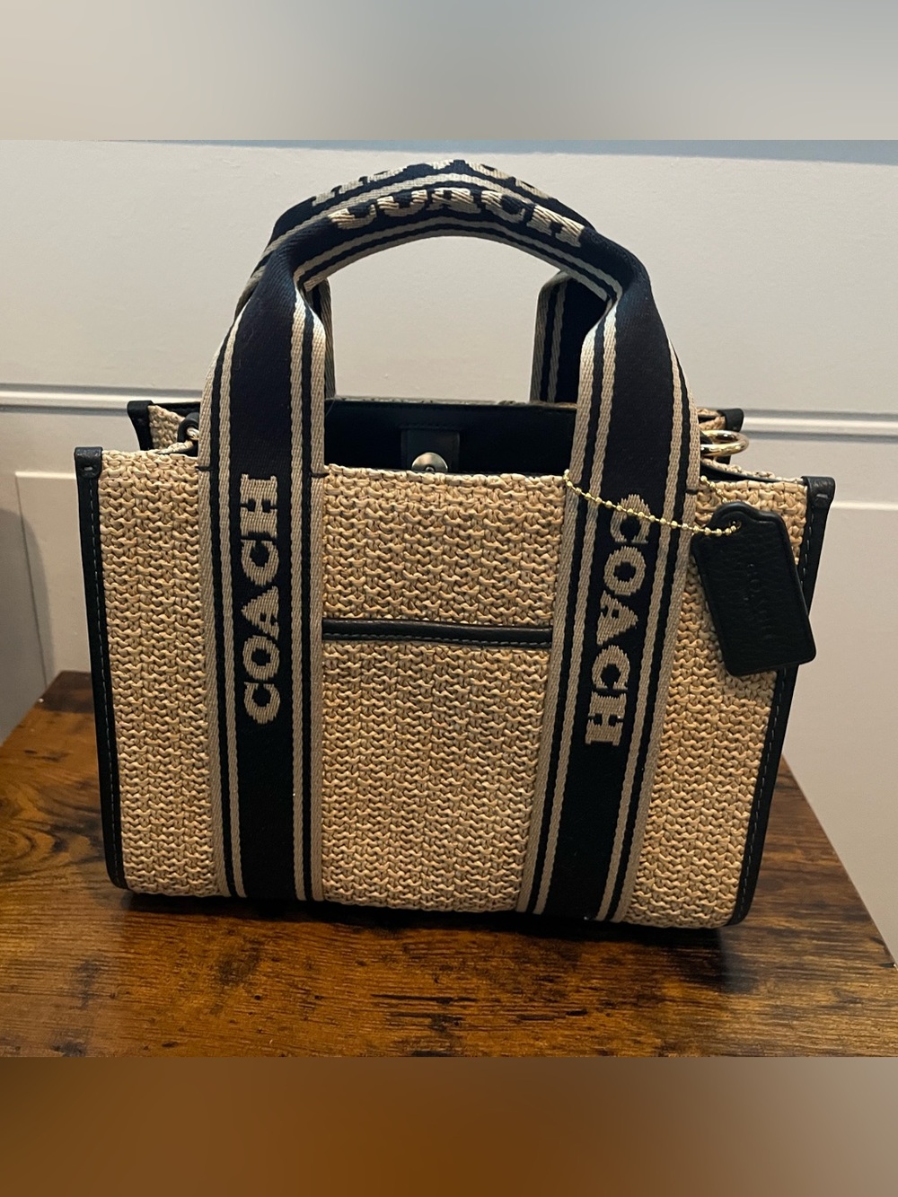 NWT COACH Smith Tote 24 Toast Black Crossbody Straw Pebble Leather